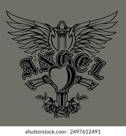 heart sword with wings. Design element for logo, label, sign, badge. Vector illustration 