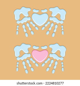 Heart symbol between palm prints, handprint, heart in hands of the water on sand. Isolated vector objects.