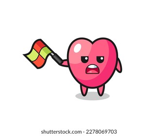 heart symbol cartoon as the line judge hold the flag up at a 45 degree angle , cute style design for t shirt, sticker, logo element