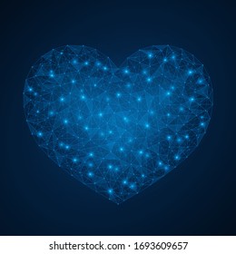 Heart. A symbol of charity, kindness and love. Abstract low-poly design. Blue background.