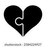 heart symbol composed of two puzzle pieces, vector silhouette illustration of two halves of a heart shape isolated on white background