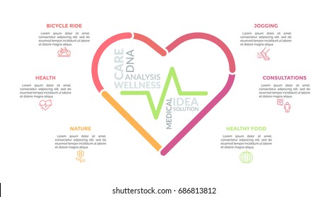 Heart symbol consisted of multicolored lines and surrounded by icons and text boxes. Concept of health care, wellness and medical services. Modern infographic design template. Vector illustration.