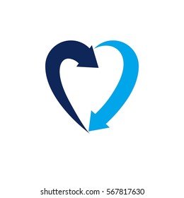 Heart symbol created with two arrows, conceptual vector logo isolated on white background.