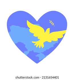 Heart symbol with a dove of peace on the background of the map In the colors of the Ukrainian flag. Freedom for Ukraine, no war. Flat vector illustration isolated on white background