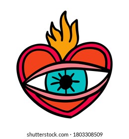 Heart symbol with eye inside open hand drawn vector illustration icon logotype in cartoon doodle style passion