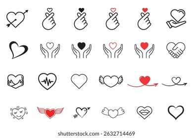 Heart symbol with finger hand. Valentines icon loves for sticker, Heart in hand icon showing care and support, Hearts vector icons set. Love symbols shapes. Set of hearts stroke and fill style icon
