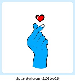 Heart symbol with finger hand. Vector illustration of Korean love sign. Valentines icon loves, with hand colored blue