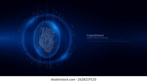 Heart symbol in fingerprint glowing on binary code background. Biometrics identification and approval. Medical digital technology. Security system data protection. Banner vector EPS10.