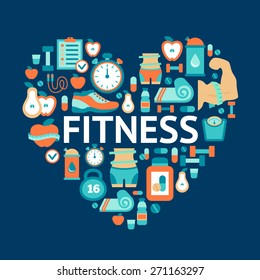 Heart symbol with fitness flat icons. Vector illustration