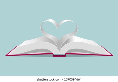 The heart symbol formed by the book page. Isolated on blue background.