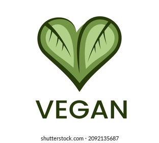 Heart symbol formed by two leaves. Outline heart. Vegan logo, vegetarian icon. Organic, natural food icon. Vector illustration
