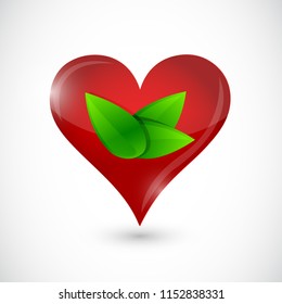 Heart symbol in green leaves illustration isolated over a white background