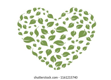 Heart symbol in green leaves. Vector. eco bio leaves in heart love green icon on white background