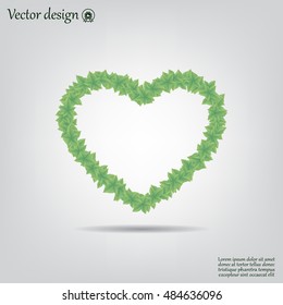 Heart symbol in green leaves. Vector.