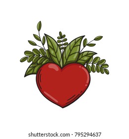 Heart symbol with green leaves. Vector.