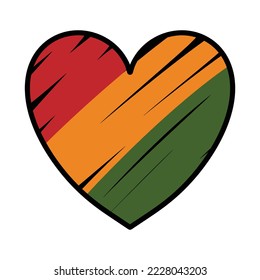 Heart symbol with hand drawn stroke, 3 stripes colors of African flag - red, yellow, green.  Cute sticker, design element for Kwanzaa, Juneteenth, Black History Month.