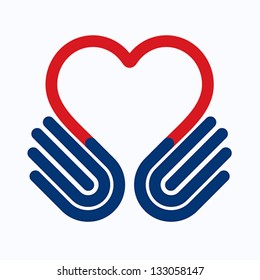 Heart symbol with hands. Help concept. Give icon. Isolated on white, vector