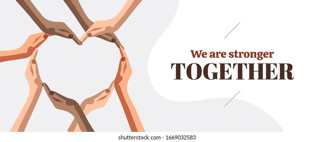 Heart symbol hands of women. We are stronger together. Multicultural girl community of powerful, care, support, awareness, charity, help, feminism. Isolated flat cartoon arms on white background.