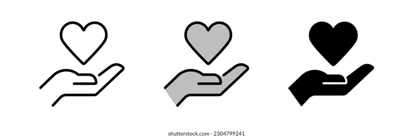 Heart Symbol Hold by a Hand, Charity icon Concept. Outline style Icon in White, Grey and Black Colour. Love icon. Health, medicine symbol. Full Vector Design