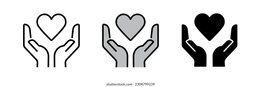 Heart Symbol Hold by Hands, Charity icon Concept. Outline style Icon in White, Grey and Black Colour. Love icon. Health, medicine symbol. Full Vector Design