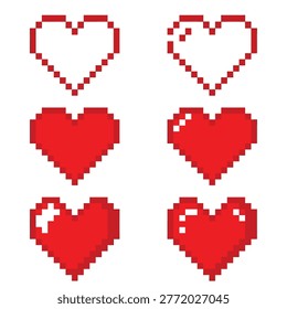 Heart symbol icon collection in a retro pixelated style, featuring courtship, affection, romance, passion, and love.