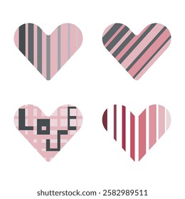 Heart symbol icon set, love symbol kit, red pink color artistic graphic flat design, logo shape, gradient optical illustion, striped isolated element. White background. Vector illustration