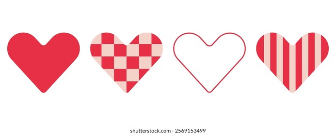 Heart symbol icon set, red pink colour classic flat design, logo shape, outline conrour, checkered and striped isolated elements. White background. Vector illustration