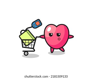 heart symbol illustration cartoon with a shopping cart , cute style design for t shirt, sticker, logo element