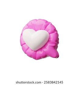 Heart symbol in inflated balloon speech bubble vector icon. 3D glossy social media notification, chatting box with love and like symbol. Emotion dialog message pink frame. Volume romantic comment sign