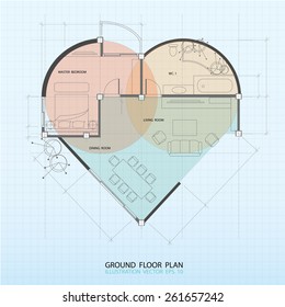 Heart symbol with interior ground floor plan. Element of blueprint drawing in shape of heart.