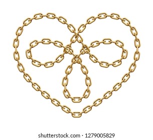 Heart symbol with knot as trefoil within made of intersected golden chain. Triple love sign. Vector realistic illustration isolated on white background.