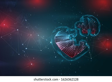 heart symbol of love on an abstract gray blue background with red flashes