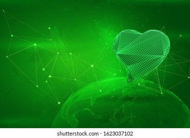 heart symbol of love over a polygonal planet, on a green background. global data calculation