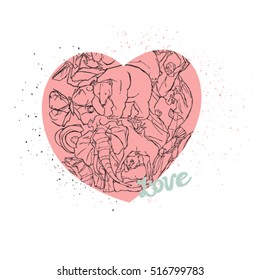 Heart symbol of love and protection of animals. Love nature and animals a character to be printed on t-shirts and fabric. Social print with animals