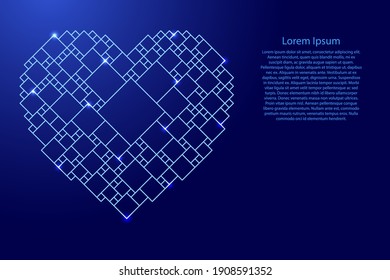 Heart is a symbol of love for Valentine's Day from blue pattern from a grid of squares of different sizes and glowing space stars. Vector illustration.