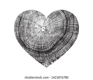 Heart symbol of love with vector wood texture of wavy ring pattern from a slice of tree. Cross section of a mask of a tree isolated on white