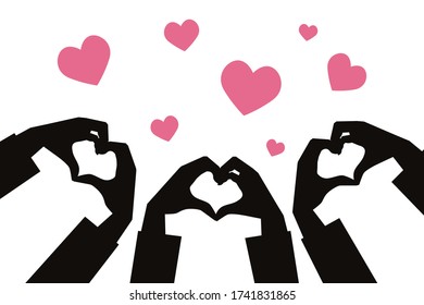 Heart symbol made by hands. Vector cartoon illustration. Silhouettes of hands. Flat design