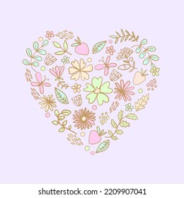 Heart symbol made of hand drawn flowers, berries, butterflies and plants. Cartoon style.