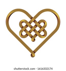 Heart symbol made of intertwined golden wire as a celtic knot. Vector illustration isolated on white background.