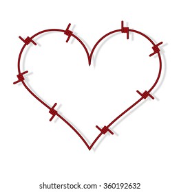 Heart symbol made from red barbed wire