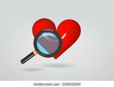 Heart symbol with magnifier. 3d vector illustration