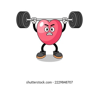 heart symbol mascot cartoon lifting a barbell , character design