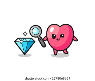 heart symbol mascot is checking the authenticity of a diamond , cute style design for t shirt, sticker, logo element