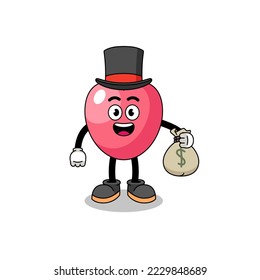 heart symbol mascot illustration rich man holding a money sack , character design