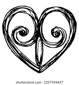 Heart symbol. Medieval design. Hand drawn linear doodle rough sketch. Black silhouette on white background.