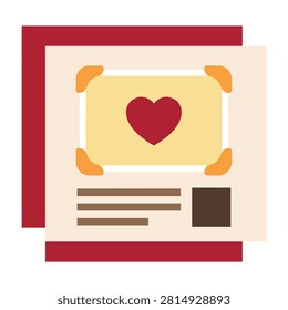 A heart symbol on a card with a red and yellow background and brown text, representing love and affection in a simple design