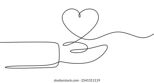 Heart Symbol on Hand. Continuous One Line Drawing Illustrating Love and Relationship Concept in Minimalist Style.