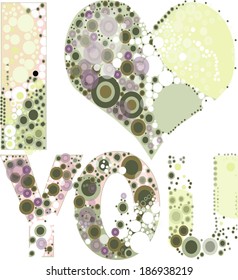I and a heart symbol on top of You  is composed of pink and shades of gray polka dots on a white background adorned with a variety of print pattern vector