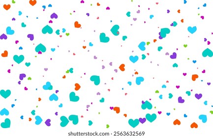 Heart Symbol on white background with spread confetti styel, Random colored heart shaped Spread confetti design. celebration template.