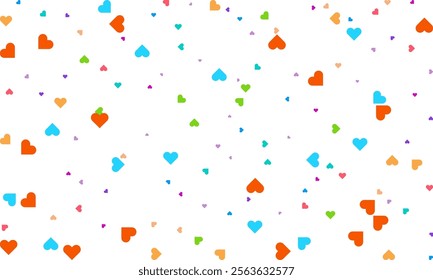 Heart Symbol on white background with spread confetti styel, Random colored heart shaped Spread confetti design. celebration template.